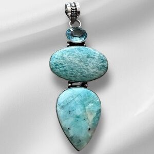 Hand Crafted Pendant Amazoite w/ Aquamarine 3 Gemstones Stones Silver Bezel 3331
